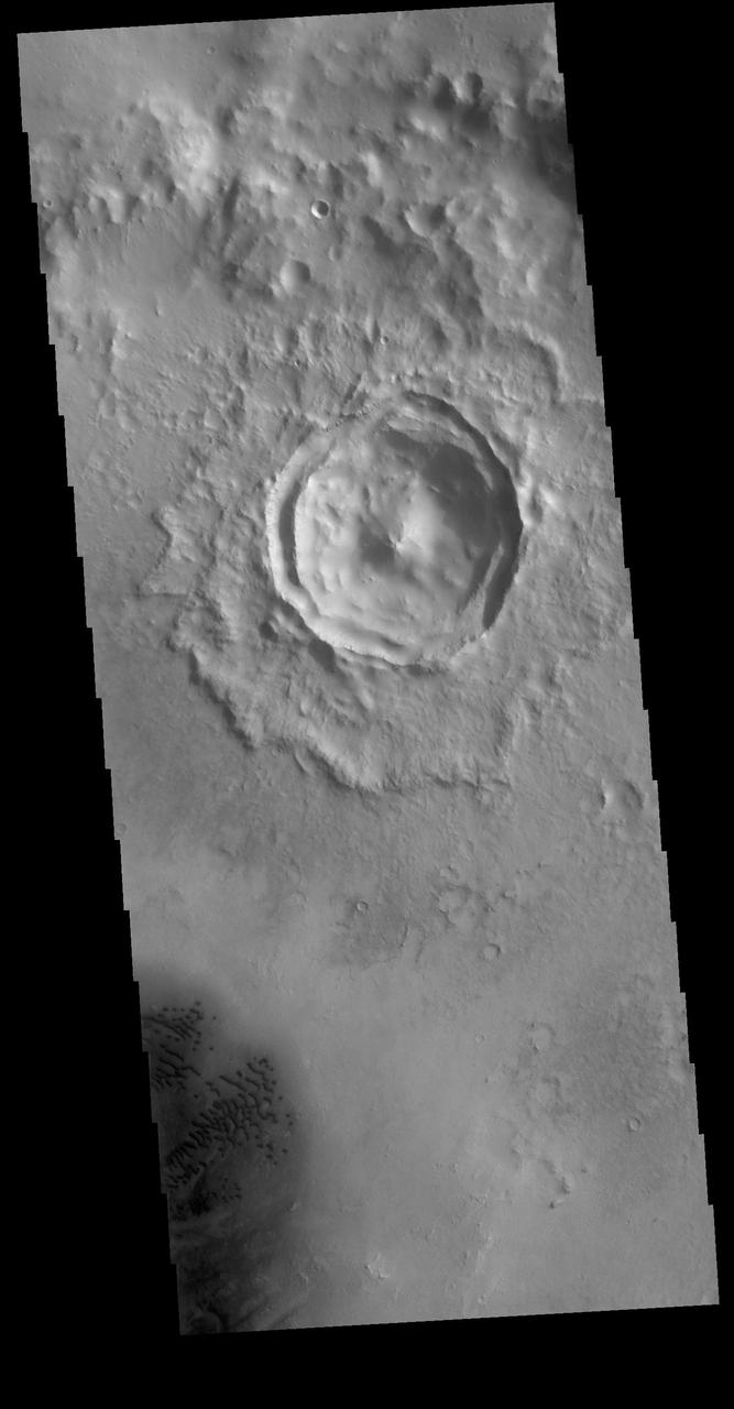 Today's image shows an unnamed crater located in Arabia Terra. The small crater seen in the image is located on the floor of a much larger crater. The details visible in the crater indicate that it is a relatively youthful crater exhibiting pre-erosion morphology. This crater shape is a central peak with two rims that are close together. The inner ring is actually part of the original rim that slumped downward during the impact event. The inner rim is mostly a flat terrace, giving this a crater morphology type the name terraced wall crater. Small dark dunes are visible in the lower left corner of the image.  Orbit Number: 78901 Latitude: 10.8884 Longitude: 9.16256 Instrument: VIS Captured: 2019-09-28 00:39  https://photojournal.jpl.nasa.gov/catalog/PIA23537