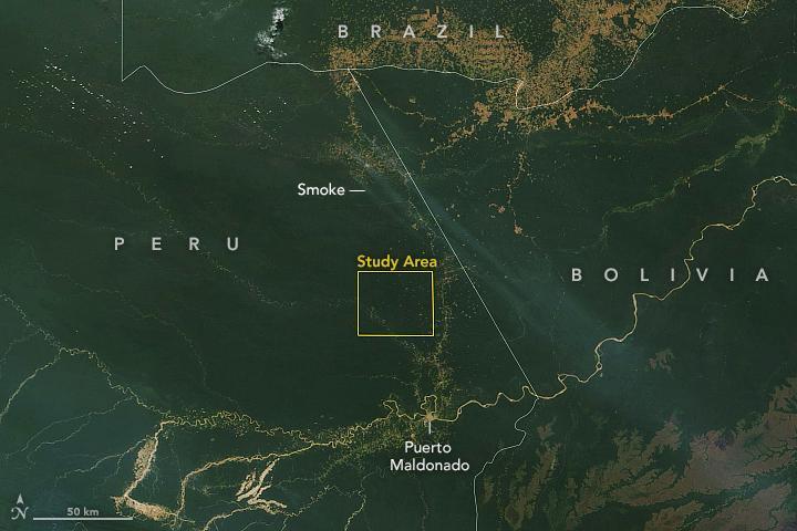 This satellite image, taken by NASA's Earth-observing Terra satellite on Aug. 18, 2019, shows the ECOSTRESS study area in the Amazon Basin and smoke from active fires in the rainforest. ECOSTRESS also captured an image of the Amazon rainforest, PIA23432, revealing water-stressed and non-stressed forest in the area. The water-stressed areas of the forest look as green and healthy as these cooler areas, making them invisible except to a radiometer that can measure thermal infrared energy from the surface.  https://photojournal.jpl.nasa.gov/catalog/PIA23546