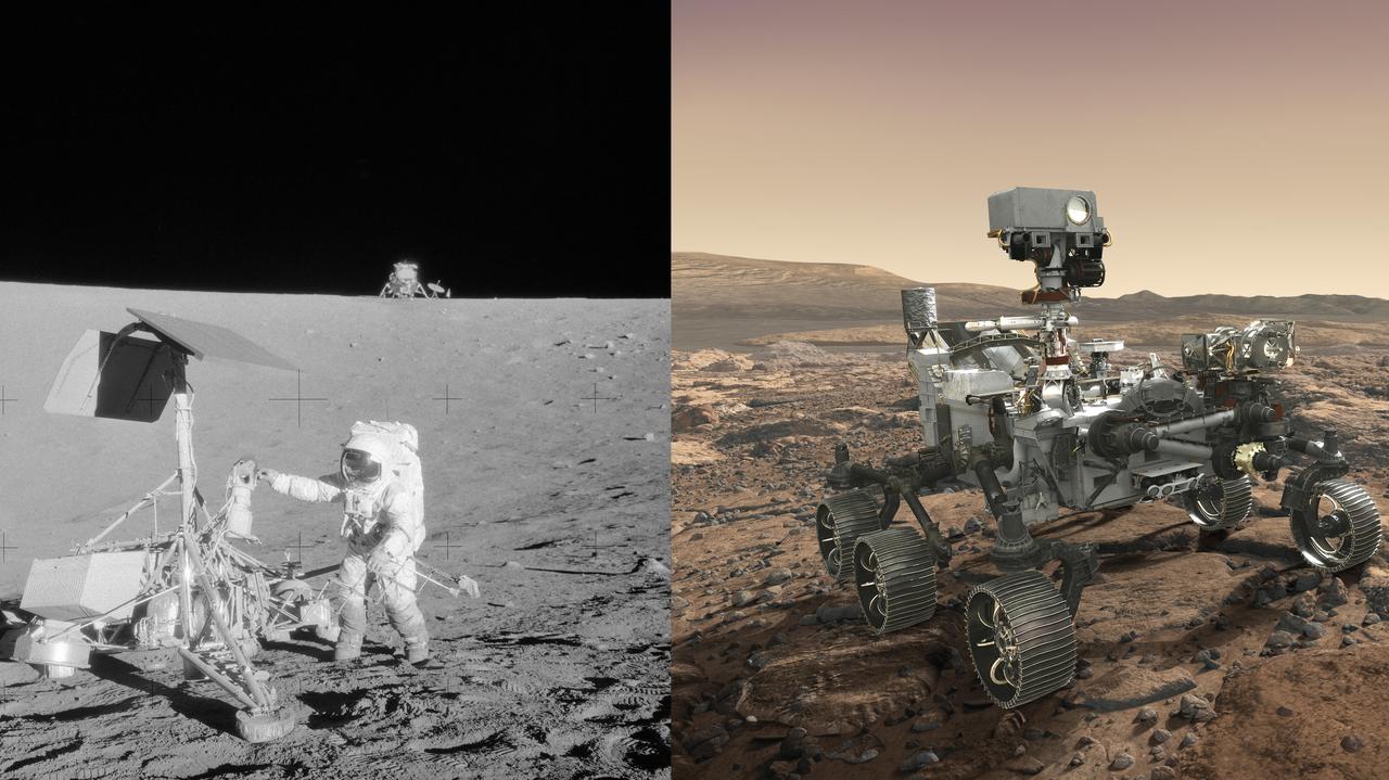 (Left) Apollo 12 astronaut Charles "Pete" Conrad Jr. stands beside NASA's Surveyor 3 spacecraft; the lunar module Intrepid can be seen in the distance. Apollo 12 landed on the Moon's Ocean of Storms on Nov. 20, 1969. (Right) Mars 2020 rover, seen here in an artist's concept, will make history's most accurate landing on a planetary body when it lands at Mars' Jezero Crater on Feb. 18, 2021.  https://photojournal.jpl.nasa.gov/catalog/PIA23553