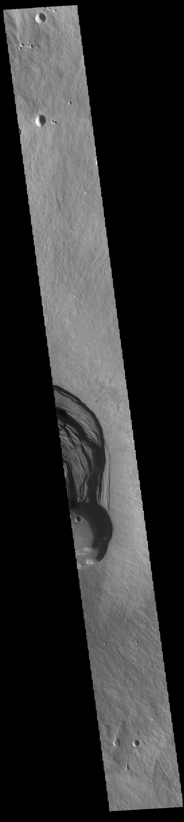 This VIS image shows part of the complex caldera at the summit of Ascraeus Mons. Ascraeus Mons is the northernmost and tallest of the three large aligned Tharsis volcanoes. Calderas are found at the tops of volcanoes and are the source region for magma that rises from an underground lava source to erupt at the surface. Volcanoes are formed by repeated flows from the central caldera. The final eruptions can pool within the summit caldera, leaving a flat surface as they cool. Calderas are also a location of collapse, creating rings of tectonic faults that form the caldera rim. Ascraeus Mons has several caldera features at its summit. Ascraeus Mons is 18 km (11 miles) tall, for comparison Mauna Kea — the tallest volcano on Earth — is 10 km tall (6.2 miles, measured from the base below sea level).  Orbit Number: 79142 Latitude: 11.5042 Longitude: 256.023 Instrument: VIS Captured: 2019-10-17 20:56  https://photojournal.jpl.nasa.gov/catalog/PIA23575
