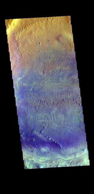 This false color image shows most of the floor of an unnamed crater in southern Arabia Terra. The wide variety of colors indicates a complex geologic history. Dark blue in this false color combination is typically basaltic sand. It appears that in addition to small sand dunes a scattering of sand also covers part of the crater floor. The THEMIS VIS camera contains 5 filters. The data from different filters can be combined in multiple ways to create a false color image. These false color images may reveal subtle variations of the surface not easily identified in a single band image. Orbit Number: 64320 Latitude: 5.45723 Longitude: 356.407 Instrument: VIS Captured: 2016-06-13 22:19 https://photojournal.jpl.nasa.gov/catalog/PIA23600