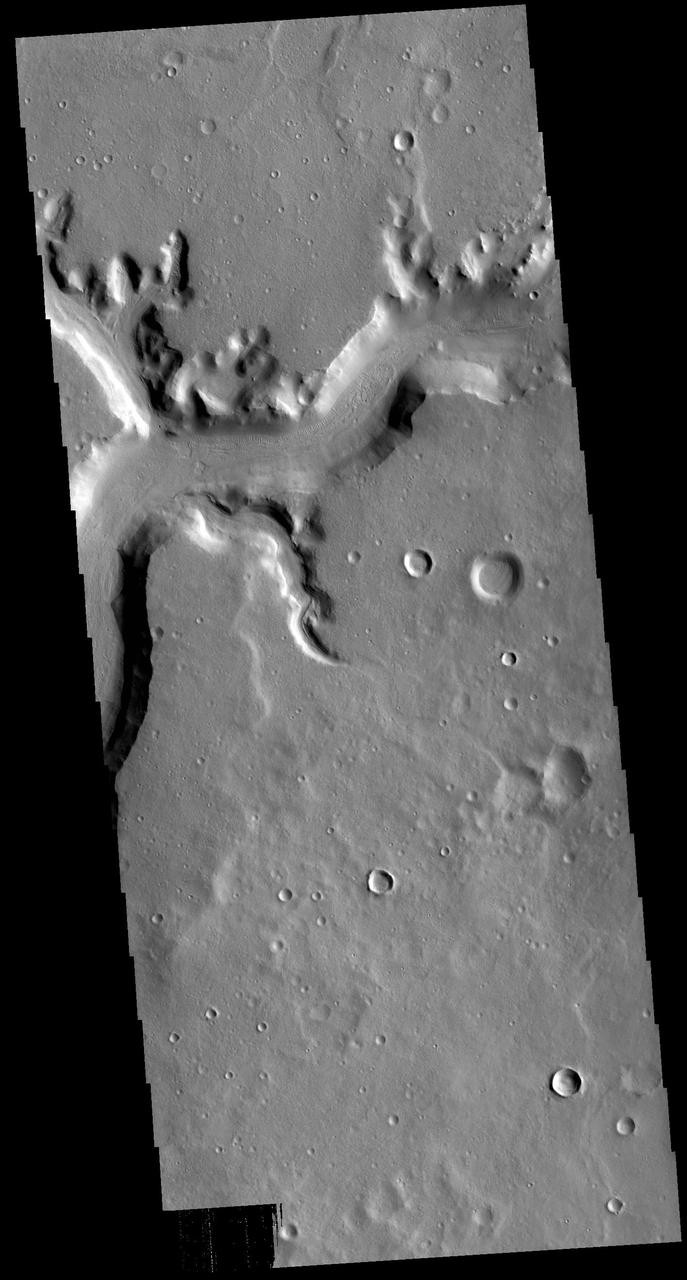 Today's VIS image shows a section of Mamers Valles. The channel is nearly 1000 km long (600 miles). Mamers Valles originates near Cerulli Crater in northern Arabia Terra, and after a short section near the crater where flow is to the south, flows northward to empty in Deuteronilus Mensae. The steep walls of Mamers Valles can reach heights of 1200 m (4000 feet). Orbit Number: 79200 Latitude: 31.0046 Longitude: 19.9804 Instrument: VIS Captured: 2019-10-22 15:40 https://photojournal.jpl.nasa.gov/catalog/PIA23633
