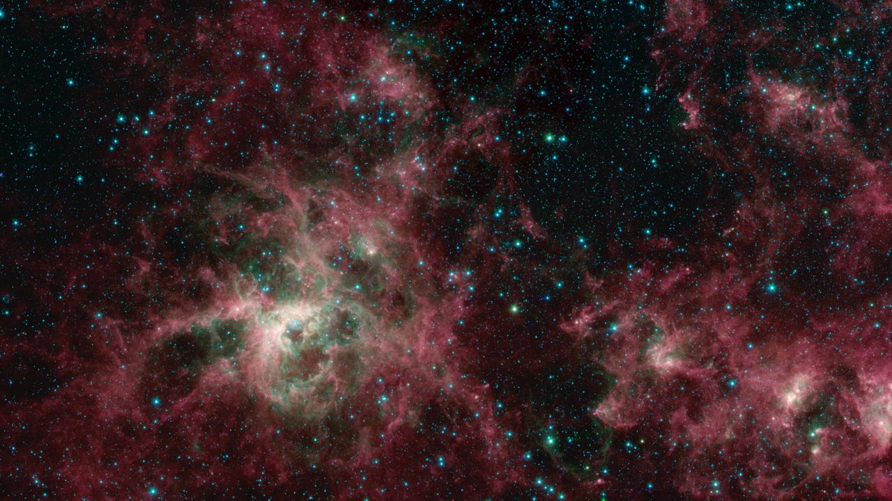 This image from NASA's Spitzer Space Telescope shows the Tarantula Nebula in three wavelengths of infrared light, each represented by a different color. The magenta-colored regions are dust composed of molecules called polycyclic aromatic hydrocarbons (PAHs), which are also found in ash from coal, wood and oil fires on Earth. PAHs emit in multiple wavelengths. The PAHs emit in multiple wavelengths, so the magenta color is a combination of red (corresponding to an infrared wavelength of 8 micrometers) and blue (3.6 micrometers). The green color in this image shows the presence of particularly hot gas emitting infrared light at a wavelength of 4.5 micrometers. The stars in the image are mostly a combination of green and blue. White hues indicate regions that radiate in all three wavelengths. https://photojournal.jpl.nasa.gov/catalog/PIA23647