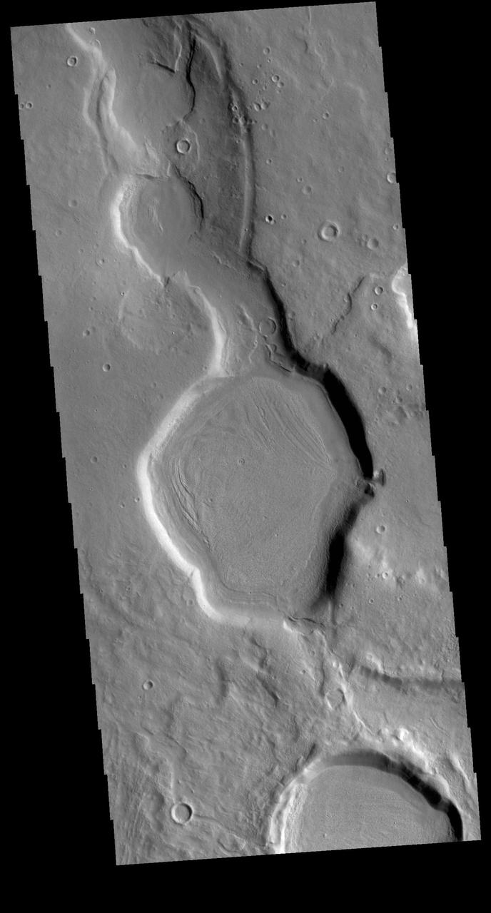 Today's VIS image is located in northern Arabia Terra. This region is dissected with numerous unnamed channels of all sizes and complexities. The channel in this image is one of many small tributary channels that coalesce into larger channels that eventually empty into the lower elevation northern plains. Orbit Number: 79337 Latitude: 35.3761 Longitude: 26.7559 Instrument: VIS Captured: 2019-11-02 22:26 https://photojournal.jpl.nasa.gov/catalog/PIA23656