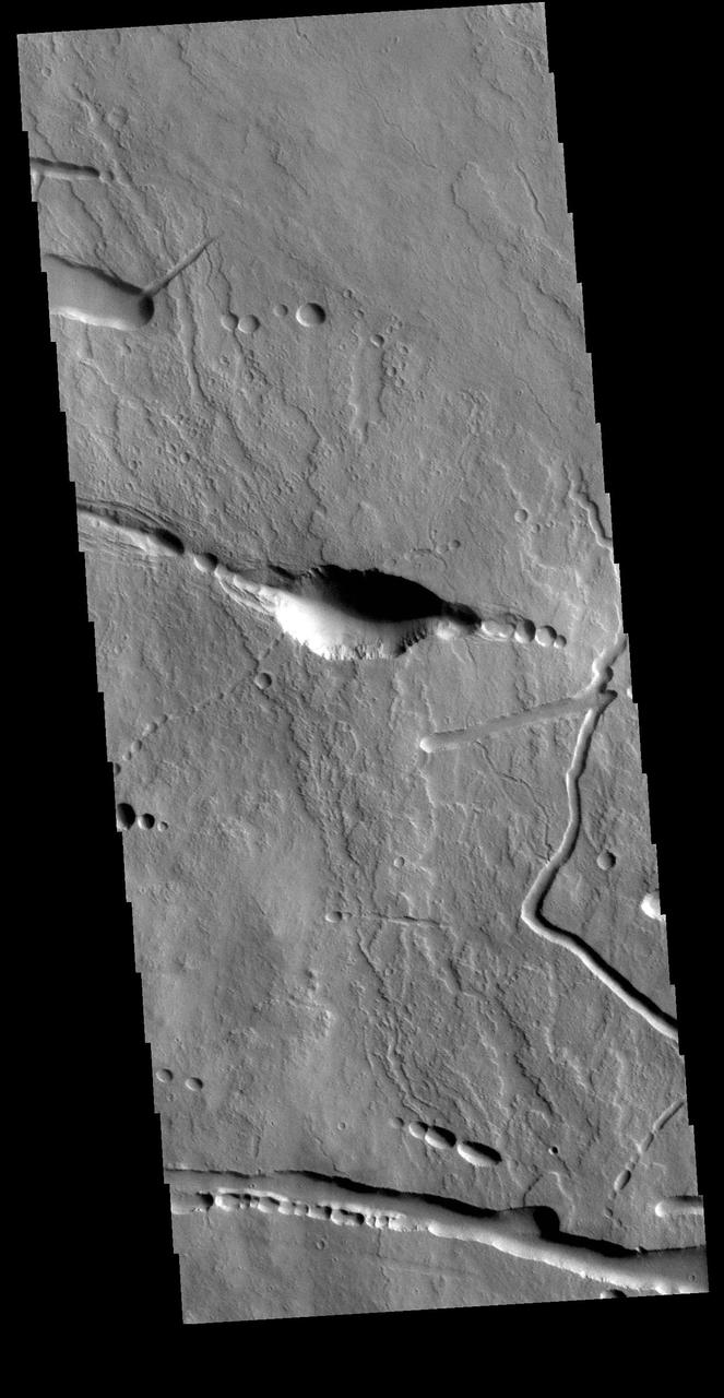 Today's VIS image shows a portion of the northern flank of Ascraeus Mons. Ascraeus Mons is the northernmost of the three large aligned Tharsis volcanoes. All three have extensive flank deposits along the northeast/southwest trend connecting the volcanoes. In today's image volcanic lava flows are visible along with tectonic features and collapse features. Collapse into underlying lava tubes will create a what looks like a series of craters along a tectonic trend. Orbit Number: 79404 Latitude: 15.2404 Longitude: 256.725 Instrument: VIS Captured: 2019-11-08 10:44 https://photojournal.jpl.nasa.gov/catalog/PIA23660