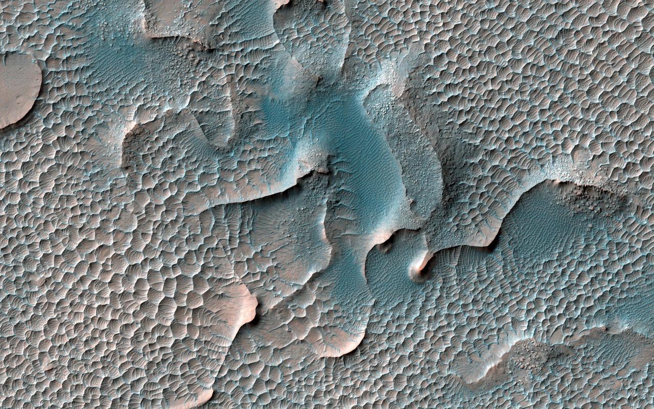 Sand dunes are found in many places on Mars. At most of these places the dunes are slowly moving, blown by the wind, just like on Earth. However, in this location in south Melas Chasma they appear to have turned to stone.  The large dunes are slowly being eroded and disappearing, replaced by smaller structures of scalloped sand.  https://photojournal.jpl.nasa.gov/catalog/PIA23668