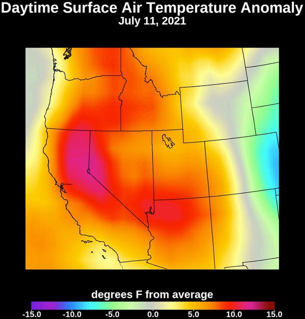 Collecting temperature readings in the atmosphere and at the surface, NASA's Atmospheric Infrared Sounder (AIRS) instrument aboard the agency's Aqua satellite captured the progression of a slow-moving heat dome across the southwestern U.S. from July 1 to July 12, 2021. The animation of the AIRS data shows surface air temperature anomalies – values above or below long-term averages. The hottest areas, shown in pink, experienced surface air temperatures more than 10 degrees Fahrenheit (5.6 degrees Celsius) above average. Surface air temperature is something that people directly feel when they are outside.  Animation available at https://photojournal.jpl.nasa.gov/catalog/PIA23693