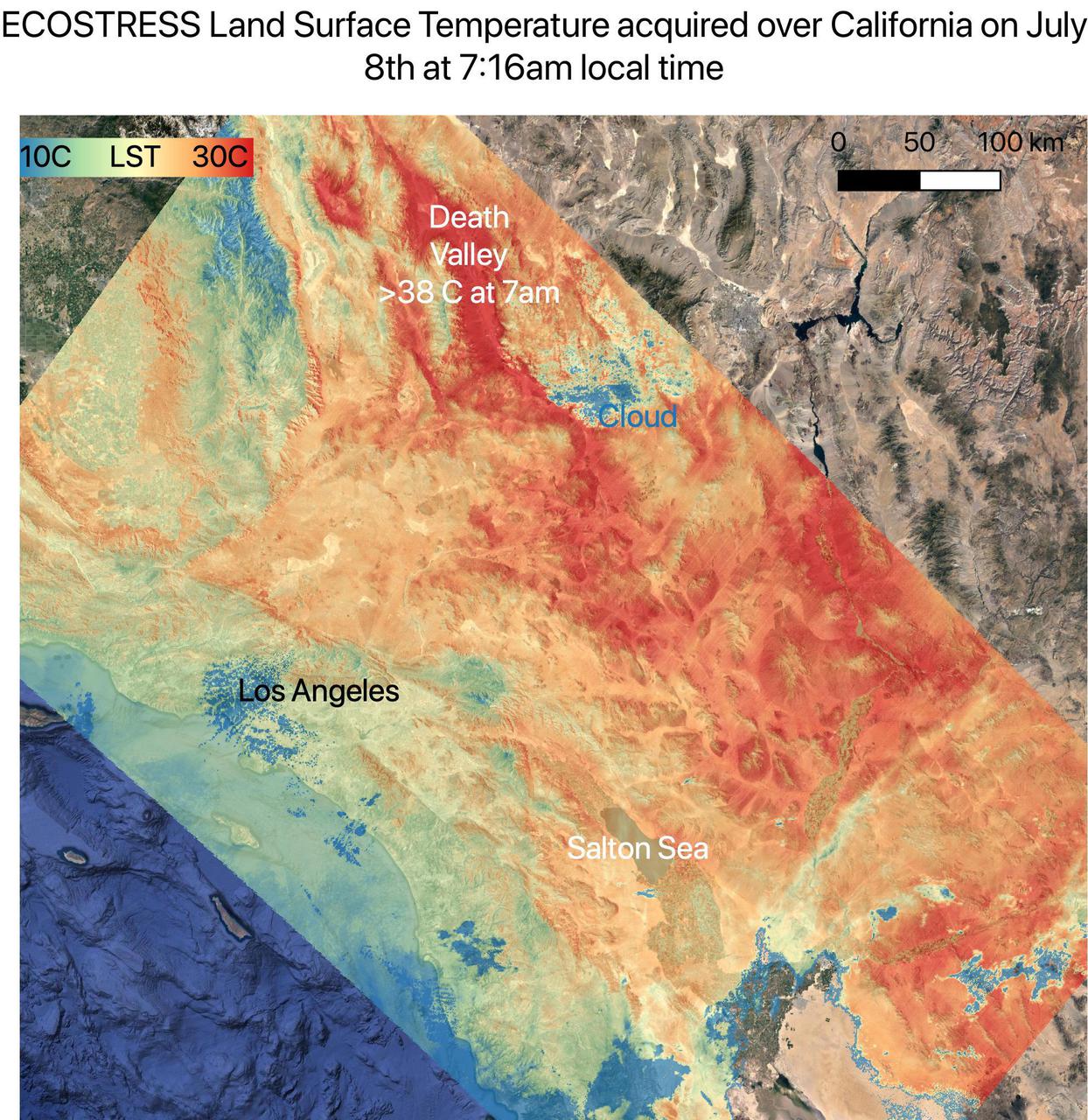 On July 8, NASA's ECOsystem Spaceborne Thermal Radiometer Experiment on Space Station (ECOSTRESS) instrument captured ground surface temperature data over California. In the image, areas in red – including Death Valley – had surpassed 86 degrees Fahrenheit (30 degrees Celsius) by 7:16 a.m. local time, well above average ground surface temperatures for the area. Tasked with detecting plant water use and stress, ECOSTRESS's primary mission is to measure the temperature of plants heating up as they run out of water. But it can also measure and track heat-related phenomena like heat waves, wildfires, and volcanoes. ECOSTRESS observations have a spatial resolution of about 77 by 77 yards (70 by 70 meters), which enables researchers to study surface-temperature conditions down to the size of a football field. Due to the space station's unique orbit, the mission can acquire images of the same regions at different times of the day, as opposed to crossing over each area at the same time of day like satellites in other orbits do. This is advantageous when monitoring plant stress in the same area throughout the day, for example. https://photojournal.jpl.nasa.gov/catalog/PIA23694