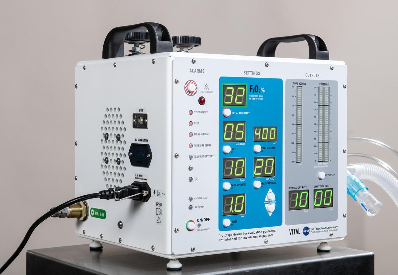 This image shows the ventilator prototype for coronavirus patients designed and built by NASA's Jet Propulsion Laboratory in Southern California. VITAL (Ventilator Intervention Technology Accessible Locally) is designed to be faster to build and easier to maintain than traditional ventilators, with a fraction of the parts.  https://photojournal.jpl.nasa.gov/catalog/PIA23714