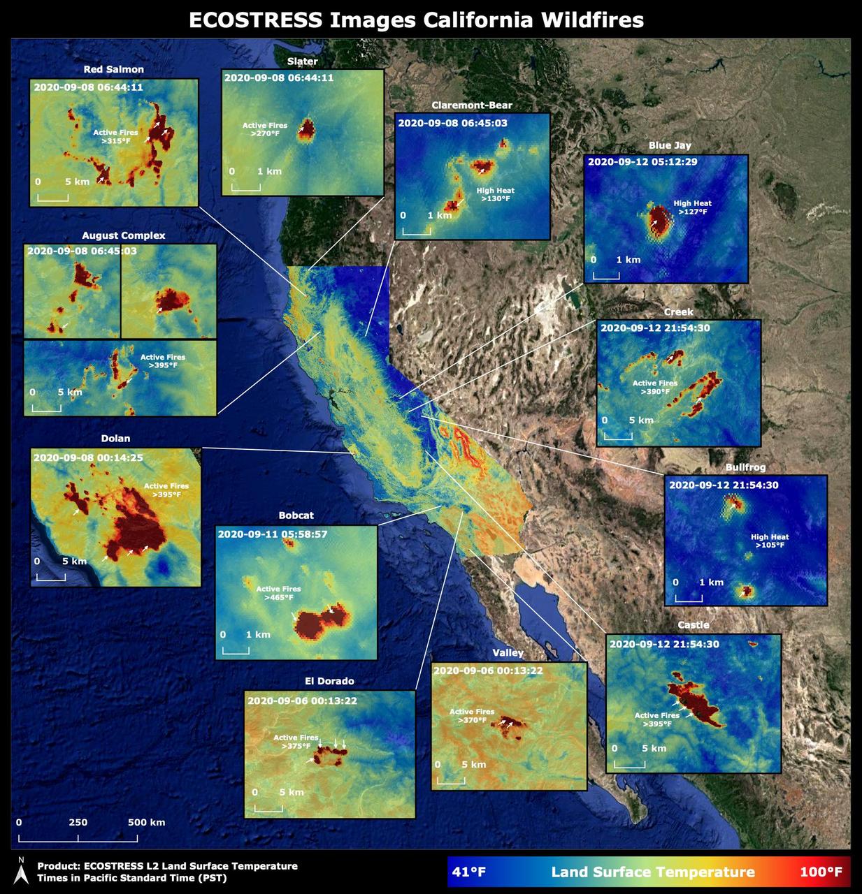 Throughout the month of September 2020, NASA's ECOsystem Spaceborne Thermal Radiometer Experiment on Space Station (ECOSTRESS) imaged multiple wildfires across the state of California. The image above shows the ECOSTRESS land surface temperature of California. Multiple insets highlight a fraction of the multiple fires that have impacted California, with effects seen throughout the U.S. and beyond. The dark red spots show areas of high heat, with arrows pointing out the active fires. The contiguous California image was stitched together from multiple evening (10 p.m.-6 a.m. PDT) ECOSTRESS images from Sept 6 to 12, 2020, to generate a cloud-free statewide map. NASA's Jet Propulsion Laboratory in Southern California built and manages the ECOSTRESS mission for the Earth Science Division in the Science Mission Directorate at NASA Headquarters in Washington. ECOSTRESS is an Earth Venture Instrument mission; the program is managed by NASA's Earth System Science Pathfinder program at NASA's Langley Research Center in Hampton, Virginia. Future studies could use ECOSTRESS data products in a similar fashion as LST was used to assess the fires pictured above. https://photojournal.jpl.nasa.gov/catalog/PIA23721