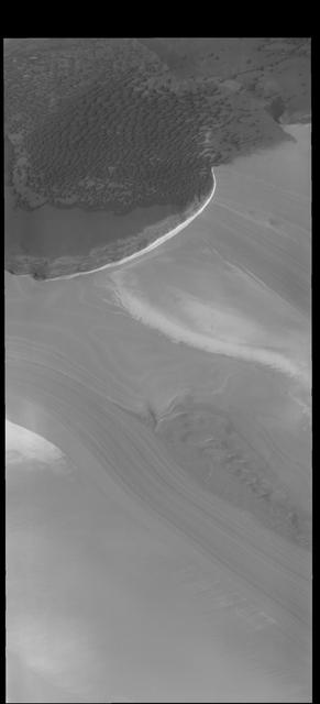 Today's VIS image is located along the edge of the north polar cap. The ice of the cap covers most of the image, with only the upper 1/4 of the image showing the ice free plains. Dunes cover most of the plains and are 'climbing' up onto the cap. This region of dunes in near Olympia Undae, the immense sand sea that surrounds part of the polar cap.  Orbit Number: 80094 Latitude: 83.6465 Longitude: 118.114 Instrument: VIS Captured: 2020-01-04 06:40