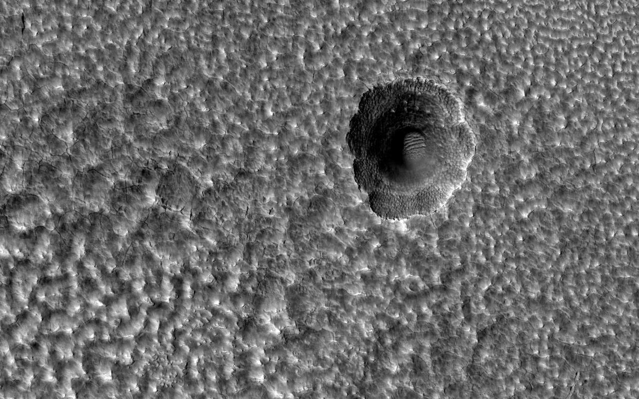 This image covers part of the ejecta from an impact crater (about 6-kilometers in diameter) to the west in Utopia Planitia. The ejecta lobes have morphologies suggesting icy flow. Several small (about 100 to 200 meters in diameter) craters on top of those lobes have a distinctive formation. One interpretation is that the impact crater exposed nearly pure water ice, which then sublimated away where exposed by the slopes of the crater, expanding the crater's diameter and producing a scalloped appearance. The small polygons are another indicator of shallow ice. https://photojournal.jpl.nasa.gov/catalog/PIA23759