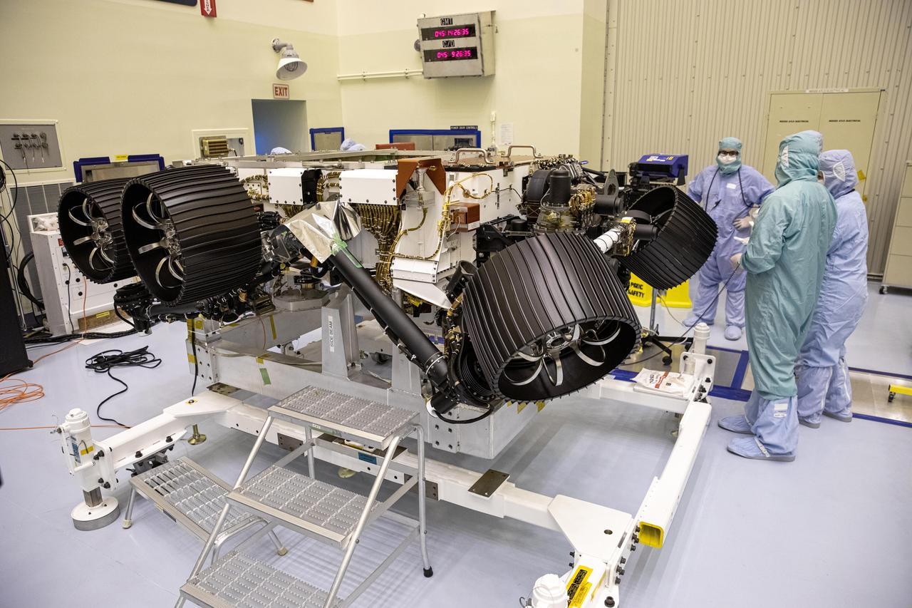 NASA's Mars 2020 rover, now called Perseverance, undergoes processing at a payload servicing facility at NASA's Kennedy Space Center on Feb. 14, 2020.  https://photojournal.jpl.nasa.gov/catalog/PIA23768