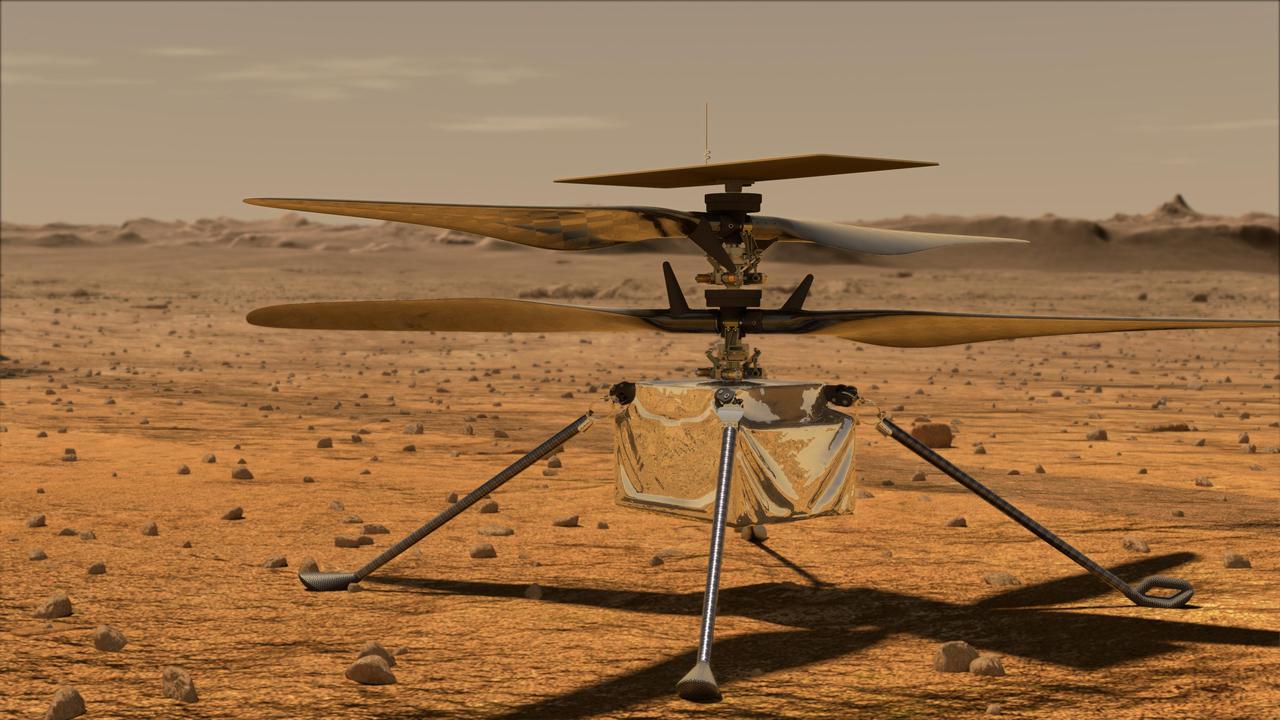 This artist's concept shows the Mars Helicopter on the Martian surface.  https://photojournal.jpl.nasa.gov/catalog/PIA23771