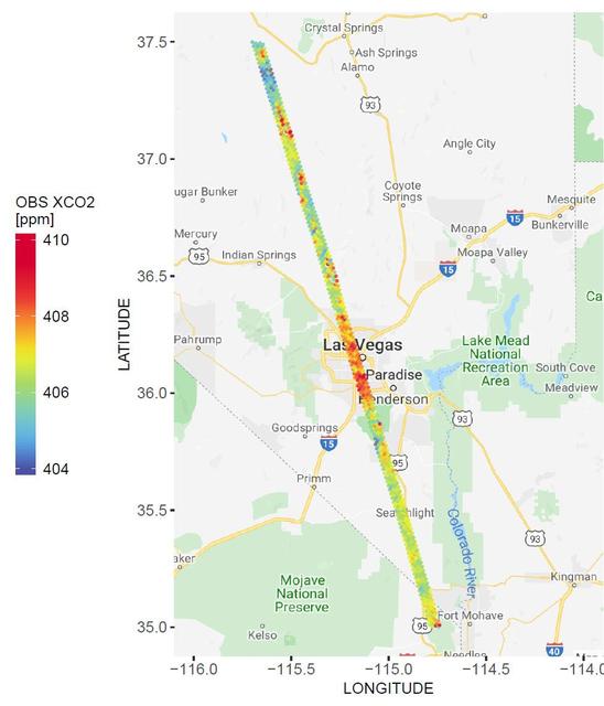 A spatial map of the amount of carbon dioxide (CO2) present in columns of the atmosphere below NASA's Orbiting Carbon Observatory-2 (OCO-2) satellite as it flew over Las Vegas on Feb. 8, 2018. Warmer colors over the city center indicate higher amounts of carbon dioxide.  https://photojournal.jpl.nasa.gov/catalog/PIA23781