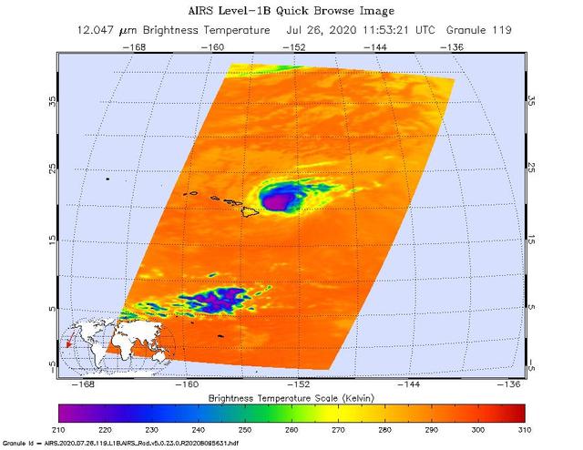 NASA's Atmospheric Infrared Sounder (AIRS) was monitoring Hurricane Douglas as it took aim at the Hawaiian Islands on July 26. Perched on NASA's Aqua satellite, AIRS is an instrument that studies Earth's weather and climate.  As of 11 a.m. local time, Douglas was sweeping toward Hawaii with the potential to directly hit portions of the islands, from Maui to Kauai, in the late afternoon or evening. The purple areas in the AIRS image — taken at 1:53 a.m. local time on July 26 — indicate very cold clouds high in the atmosphere generally linked to heavy rainfall. Warmer clouds closer to Earth's surface show up as green and blue, and orange areas indicate cloud-free parts of the sky.  The Category 1 hurricane was packing maximum sustained winds of 85 mph (140 kph) on the morning of July 26. Douglas' storm surge is forecast to push water levels as high as 3 feet (0.9 meters) above normal tides. The storm could dump as much as 15 inches (38 centimeters) of rain onto isolated parts of the Hawaiian Islands.  https://photojournal.jpl.nasa.gov/catalog/PIA23785