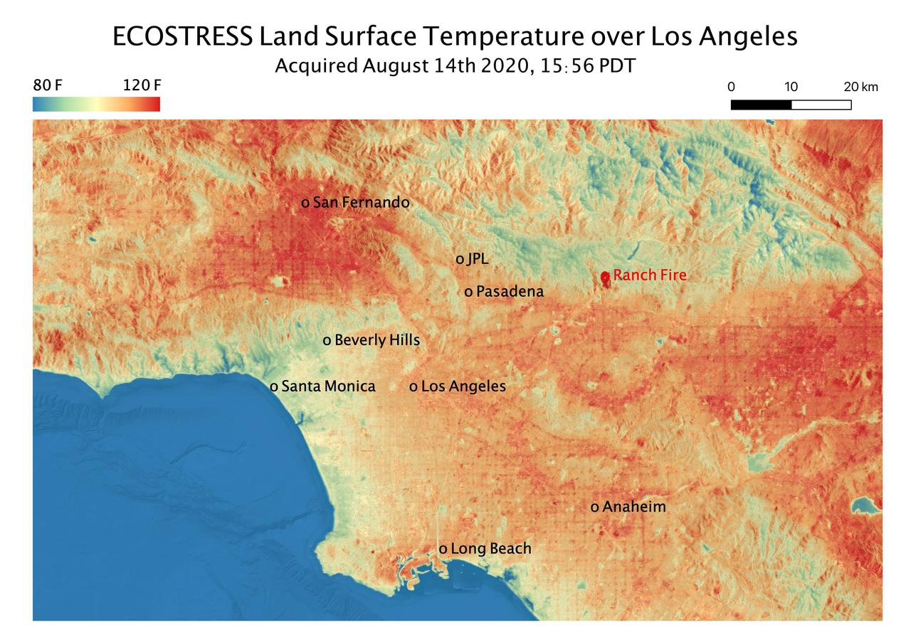 This temperature map shows the land surface temperatures throughout Los Angeles County on Aug. 14, 2020. The observation was made possible by NASA's Ecosystem Spaceborne Thermal Radiometer Experiment on Space Station (ECOSTRESS), which measured a peak land surface temperature in the San Fernando Valley, northwest of downtown Los Angeles, of 128.3 degrees Fahrenheit (53.5 degrees Celsius).  ECOSTRESS collected this data as the space station passed over California at about 3:56 p.m. PDT (6:56 p.m. EDT) during a record-breaking heat wave that gripped the region. The Ranch fire, that burned near the city of Azuza was also detected by ECOSTRESS. With a resolution of about 77 by 77 yards (70 by 70 meters), the image enables the study of surface-temperature conditions down to the size of a football field. The hottest temperatures are shown in dark red, with the coolest temperatures in blue.  ECOSTRESS measures the temperature of plants as they heat up when they run out of water. But it can also measure and track heat-related phenomena like heat waves, fires, and volcanoes.  https://photojournal.jpl.nasa.gov/catalog/PIA23786