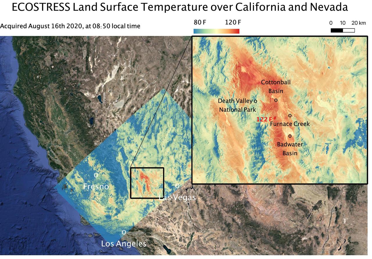This temperature map shows the land surface temperatures around Death Valley in California's Mojave Desert on Aug. 16, 2020. The observation was made possible by NASA's Ecosystem Spaceborne Thermal Radiometer Experiment on Space Station (ECOSTRESS), which measured a peak land surface temperature of 122.52 degrees Fahrenheit (50.29 degrees Celsius) near Furnace Creek.  ECOSTRESS collected this data when the space station passed over California at about 8:50 a.m. PDT (11:50 a.m. EDT) during a record-breaking heat wave that gripped the region. With a resolution of about 77 by 77 yards (70 by 70 meters), the image enables the study of surface-temperature conditions down to the size of a football field. The hottest temperatures are shown in dark red, with the coolest temperatures in blue.  ECOSTRESS measures the temperature of plants as they heat up when they run out of water. But it can also measure and track heat-related phenomena like heat waves, fires, and volcanoes.  https://photojournal.jpl.nasa.gov/catalog/PIA23787