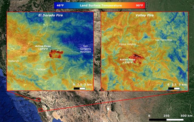 On Sept. 6, NASA's ECOsystem Spaceborne Thermal Radiometer Experiment on Space Station (ECOSTRESS) imaged active fires across California, including the El Dorado fire near Yucaipa and the Valley fire in Japatul Valley in the southern part of the state. As of Sept. 8, there were 25 major wildfires burning in California.  Both images, taken at 12:13 a.m. PDT (3:13 a.m. EDT), show multiple concentrated areas of surface temperatures (in red) higher than 375 degrees Fahrenheit (191 degrees Celsius). These high temperature regions were likely where the active fires were occurring. The surrounding areas show abnormally warm middle-of-the-night background surface temperatures (orange) due to the ongoing heat wave.  https://photojournal.jpl.nasa.gov/catalog/PIA23788