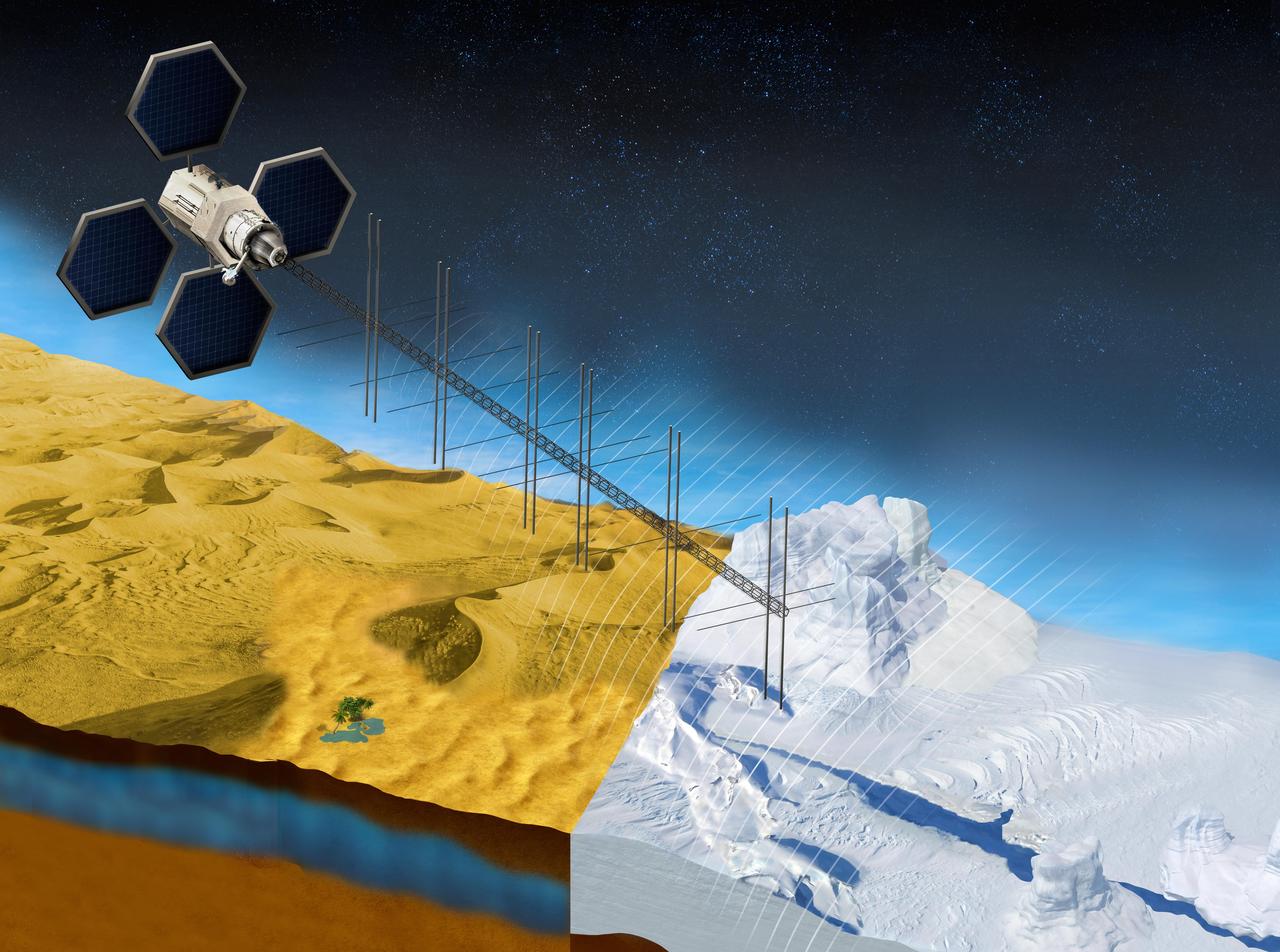 The OASIS project seeks to study fresh water aquifers in the desert as well as ice sheets in places like Greenland. This illustration shows what a satellite with a proposed radar instrument for the mission could look like.  https://photojournal.jpl.nasa.gov/catalog/PIA23790