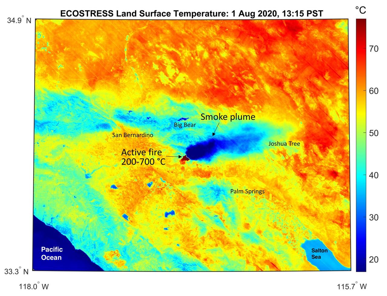 This temperature map shows the stressed and dry vegetation surrounding the Apple fire in Southern California on Aug. 1, 2020. The observation was made possible by NASA's Ecosystem Spaceborne Thermal Radiometer Experiment on Space Station (ECOSTRESS) that measured the temperature of the burn area and tracked the dark smoke plume drifting east from California to Arizona.  ECOSTRESS collected this data when the space station passed over the region at about 1:15 p.m. PST on Saturday, Aug. 1, 2020, when the burn area was approximately 4,000 acres in size. Black smoke can be seen drifting east and over Joshua Tree National Park in the Mojave Desert. With a resolution of about 77 by 77 yards (70 by 70 meters), the image enables surface-temperature conditions down to the size of a football field to be studied.  In the active burn area, temperatures of between 390-1290 F (200-700 C) were recorded, and in one pixel in the ECOSTRESS image of the burn zone, a peak temperature of 1387 F (753 C) was detected.  Tasked with detecting plant water use and stress, ECOSTRESS measures the temperature of plants as they heat up when they run out of water. But it can also measure and track heat-related phenomena like fires, heat waves, and volcanoes.  https://photojournal.jpl.nasa.gov/catalog/PIA23798