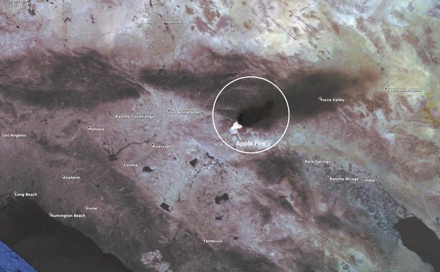 This observation shows the burn area and smoke plume created by the Apple fire in Southern California on Aug. 1, 2020. The observation was made possible by NASA's Ecosystem Spaceborne Thermal Radiometer Experiment on Space Station (ECOSTRESS). Data gathered by the mission can be further refined to measure the temperature of the wildfire, smoke plume and surrounding landscape.  ECOSTRESS collected this data when the space station passed over the region at about 1:15 p.m. PST on Saturday, Aug. 1, 2020, when the burn area was approximately 4,000 acres in size. As of Aug. 3, it was more than 26,000 acres. Black smoke can be seen drifting east and over Joshua Tree National Park in the Mojave Desert. With a resolution of about 77 by 77 yards (70 by 70 meters), the image enables surface-temperature conditions down to the size of a football field to be studied.  Tasked with detecting plant water use and stress, ECOSTRESS measures the temperature of plants as they heat up when they run out of water. But it can also measure and track heat-related phenomena like fires, heat waves, and volcanoes.  https://photojournal.jpl.nasa.gov/catalog/PIA23799