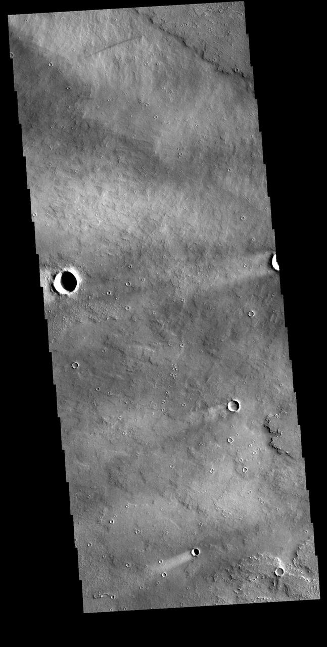 Today's VIS image shows windstreaks located in Daedalia Planum. These streaks are formed by the wind interaction with positive topographic features (like craters), with the 'tail' located down wind of the crater. The streaks in this image indicate the prevailing wind was from the right to the left side of the image (east to west). Orbit Number: 80341 Latitude: -11.066 Longitude: 228.449 Instrument: VIS Captured: 2020-01-24 14:14 https://photojournal.jpl.nasa.gov/catalog/PIA23820