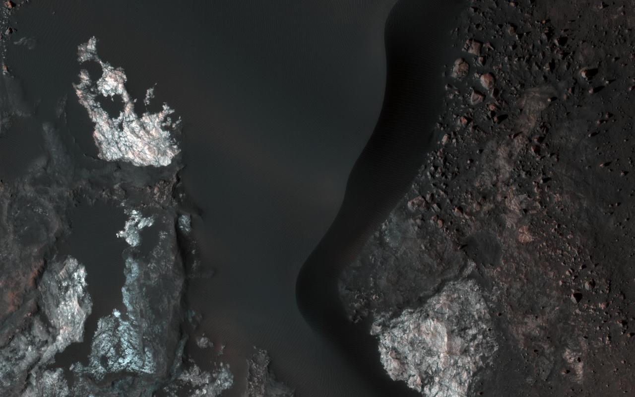 This image covers the inside of an impact crater on the northern plains of Mars. It was intended to provide a baseline image of sand dunes on the crater floor, which could be monitored for potential motion in future pictures. Much more than sand is visible. The dark, undulating dunes sit atop a colorful surface of exposed bedrock. Based on the crater's diameter of roughly 25 kilometers, these rocks may have been previously buried over a mile beneath the surface. The varying colors likely reflect diverse mineral compositions. (The CRISM instrument, also on MRO, has detected different minerals in the neighboring larger Micoud Crater, whose rim lies about 50 kilometers east-southeast of this image.) Excavated by impact, the colorful rocks here remain visible in part thanks to the winds that shape the overlying sand dunes, which help to sweep the crater's center clear of surface dust. https://photojournal.jpl.nasa.gov/catalog/PIA23847