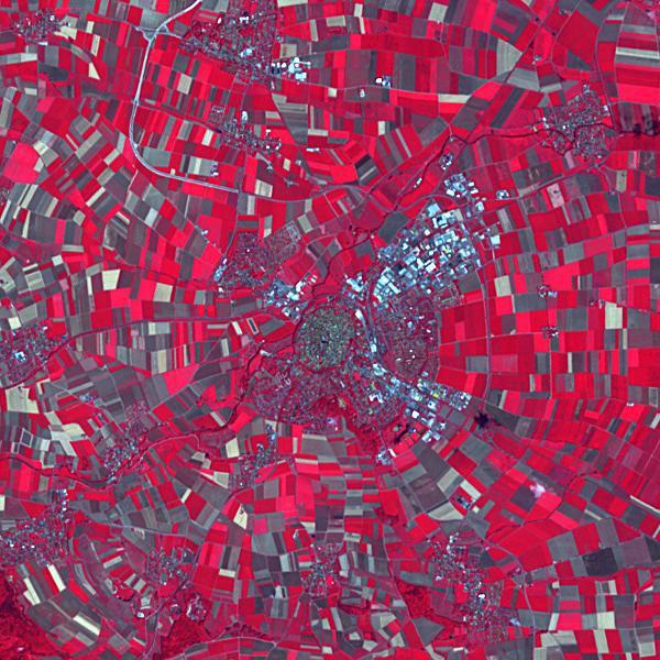 The town of Nordlingen in southern Germany preserves its circular 14th century walls. The circular shape is a result of the town having been built in an impact crater, the 10 million year old Ries crater. Stone buildings in the town contain millions of tiny diamonds, created by the impact of the meteorite. The image was acquired July 18, 2014, covers an area of 9 x 9 km, and is located at 48.8 degrees north, 10.5 degrees east.  https://photojournal.jpl.nasa.gov/catalog/PIA23851