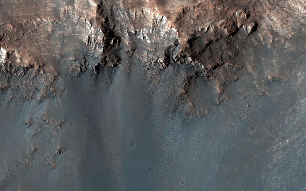 Existing images of this impact crater show a couple of dark lineations on the equator-facing wall that resemble small recurring slope lineae (RSL). However, unlike typical RSL, these lines persist for several Mars years with only minor changes. https://photojournal.jpl.nasa.gov/catalog/PIA23854