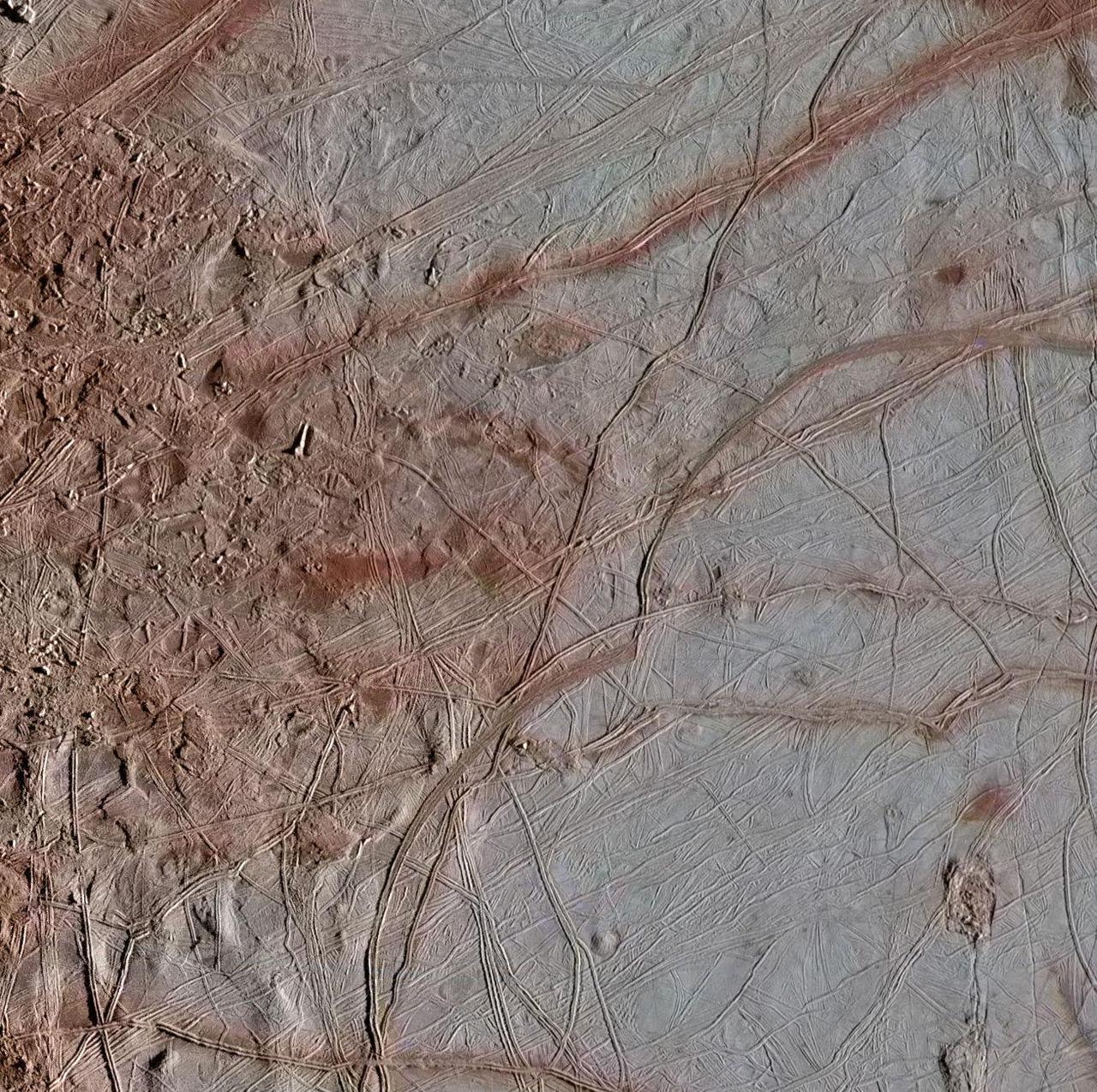 The surface of Jupiter's moon Europa features a widely varied landscape, including ridges, bands, small rounded domes and disrupted spaces that geologists called "chaos terrain." This newly reprocessed image, along with two others along the same longitude (see PIA23872 and PIA23873), were taken by NASA's Galileo spacecraft on Sept. 26, 1998, and reveal details of diverse surface features on Europa.  All three images were captured along the same longitude of Europa as Galileo flew by on Sept. 26, 1998, in the spacecraft's 17th orbit of Jupiter (orbit E17). It was the eighth of Galileo's 11 targeted flybys of Europa. High-resolution images were taken through a clear filter in grayscale (black and white). Using lower-resolution, color images of the same region from a different flyby (orbit E14), technicians recently mapped color onto the higher-resolution images.  (Orbit E14 resulted in this global view of Europa (see PIA19048). The color information gathered on that flyby was used to reprocess these new images.)  Enhanced-color images like these allow scientists to highlight geologic features with different colors, which are related to chemical compositions of the surface. Areas that appear light blue or white are made up of relatively pure water ice, and reddish areas have more non-ice materials.  This image shows a transitional location between blocky chaos terrain, on the left, and ridged plains on the right. A few chaos blocks are visible on the left as individually broken and rotated pieces of preexisting surface material; their shadows indicate that some of these blocks have tilted as well. A ridge passes through the center of this image. These ridges, which contain arc-shaped segments joined together by a series of cusps, may be related to how the icy surface crust of Europa fractures when subjected to stresses from Jupiter's strong gravity. The right side of this image shows a few lenticulae, which are small rounded surface features, commonly domed in appearance.  The image resolution is 247 yards (226 meters per pixel, and this image depicts an area about 180 miles (300 kilometers) across.  The image was produced by Mario Valenti at the SETI Institute in Mountain View, Calif.  https://photojournal.jpl.nasa.gov/catalog/PIA23871