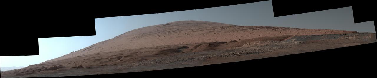 The Mast Camera, or Mastcam, on NASA's Curiosity Mars rover used its telephoto lens to capture Mount Sharp in the morning illumination on Oct. 13, 2019, the 2,555th Martian day, or sol, of the mission. The panorama is composed of 44 individual images stitched together. The panorama has been white-balanced and additionally brightened so that the colors of the rock materials resemble how they would appear under daytime lighting conditions on Earth. https://photojournal.jpl.nasa.gov/catalog/PIA23898