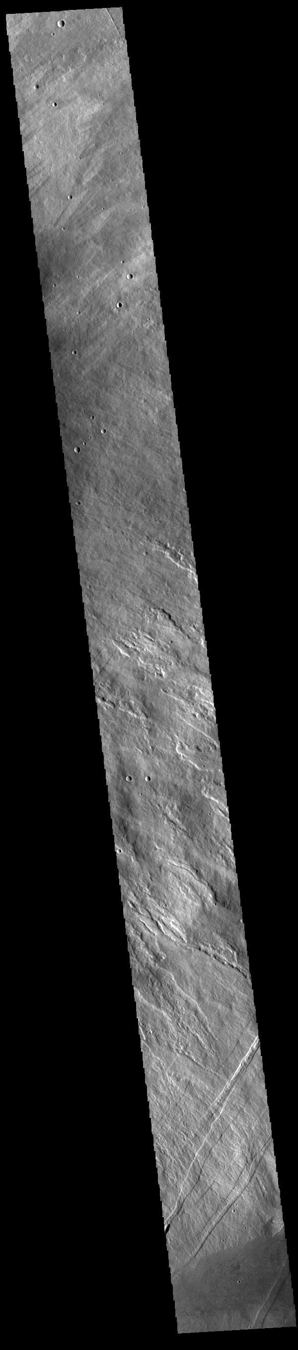 Today's VIS image shows the eastern flank of Arsia Mons, the southernmost aligned volcano in the Tharsis region. The volcano is 435 kilometres (270 mi) in diameter, and almost 20 kilometres (12 mi) high. Arsia Mons is one of the youngest volcanoes on Mars.  Orbit Number: 80952 Latitude: -9.8557 Longitude: 241.487 Instrument: VIS Captured: 2020-03-14 21:40  https://photojournal.jpl.nasa.gov/catalog/PIA23931