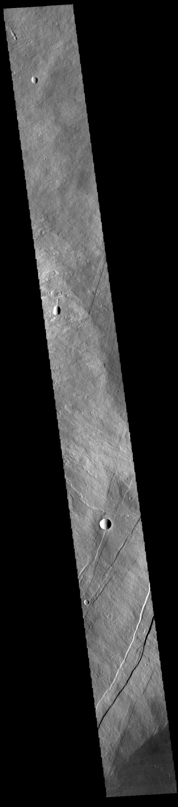 Today's VIS image shows part of the eastern flank of Arsia Mons, including part of Oti Fossae (bottom of image). Arsia Mons is the southernmost and youngest of the three large, aligned Tharsis volcanoes. Oti Fossae - linear graben - follow the major northeast/southwest trend of the volcanoes.  Orbit Number: 81526 Latitude: -9.5484 Longitude: 242.037 Instrument: VIS Captured: 2020-05-01 03:58  https://photojournal.jpl.nasa.gov/catalog/PIA23960