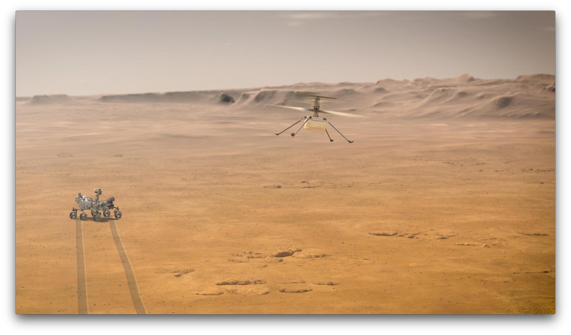 When NASA's Ingenuity Mars Helicopter attempts its first test flight on the Red Planet, the agency's Mars 2020 Perseverance rover will be close by, as seen in this artist's concept.
