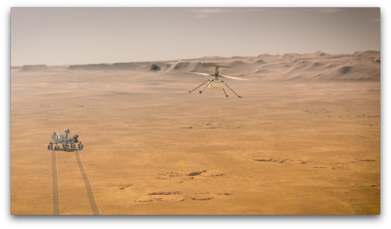 When NASA's Ingenuity Mars Helicopter attempts its first test flight on the Red Planet, the agency's Mars 2020 Perseverance rover will be close by, as seen in this artist's concept.  Ingenuity, a technology experiment, will be the first aircraft to attempt controlled flight on another planet. When it attempts its test flights on Mars in spring 2021, Ingenuity will remain within a 0.6-mile (1-kilometer) radius of Perseverance so it can communicate wirelessly with the rover. Perseverance then communicates with relay orbiters around Mars that send the signal back to Earth.  https://photojournal.jpl.nasa.gov/catalog/PIA23963