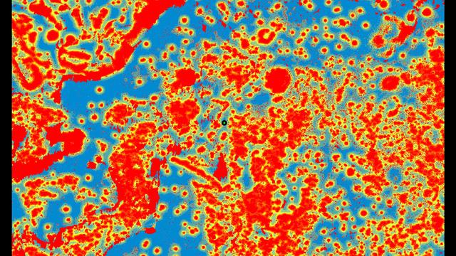 NASA's Perseverance rover was able to use its new Terrain-Relative Navigation technology to avoid hazards and find a safe place to land in Jezero Crater on Mars. In this graphic, the blue areas are considered safe zones and red are considered more dangerous. Perseverance's landing spot is marked with a green dot. A version with an arrow makes the landing site easier to see.  A key objective for Perseverance's mission on Mars is astrobiology, including the search for signs of ancient microbial life. The rover will characterize the planet's geology and past climate, pave the way for human exploration of the Red Planet, and be the first mission to collect and cache Martian rock and regolith (broken rock and dust).  Subsequent NASA missions, in cooperation with ESA (European Space Agency), would send spacecraft to Mars to collect these sealed samples from the surface and return them to Earth for in-depth analysis.  The Mars 2020 mission is part of a larger program that includes missions to the Moon as a way to prepare for human exploration of the Red Planet.  https://photojournal.jpl.nasa.gov/catalog/PIA23970