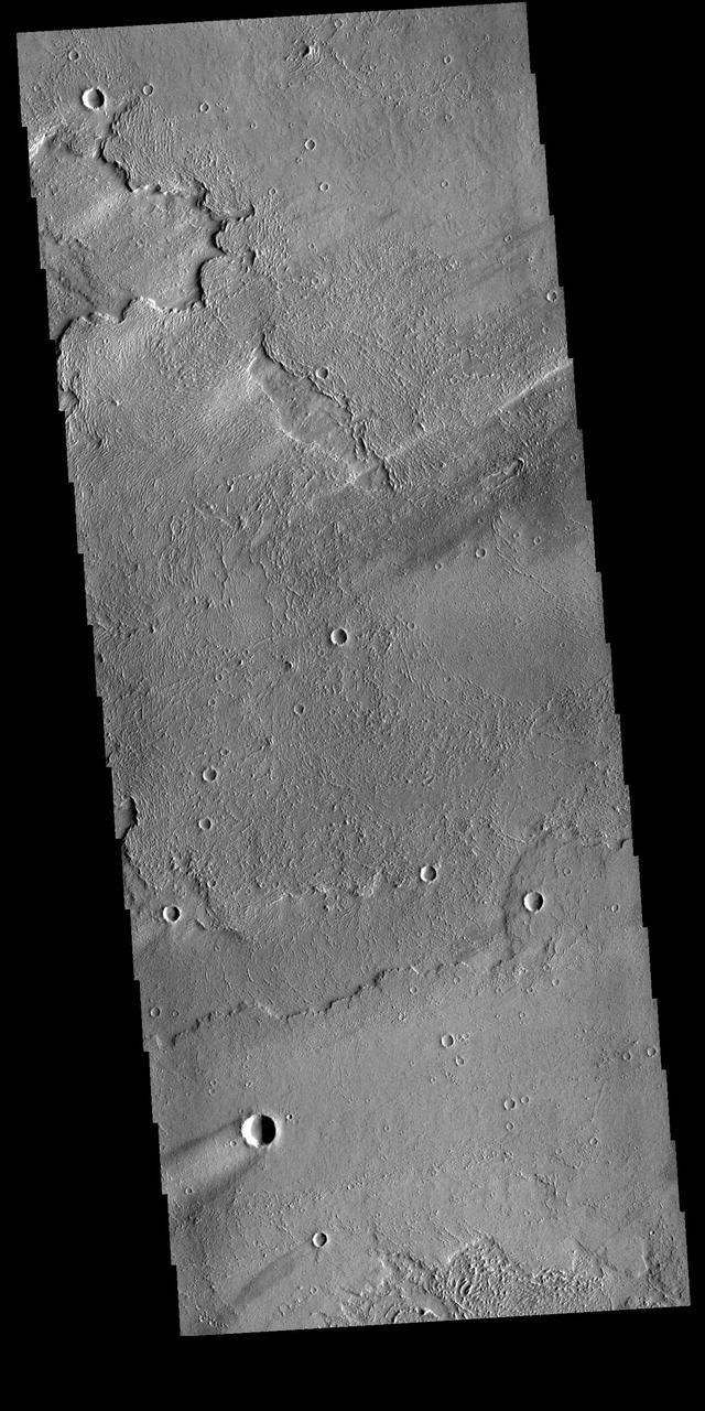 Today's VIS image shows a windstreak on lava plains southwest of Arsia Mons. The extensive lava flow field is called Daedalia Planum. The dark and bright material forming the "tail" behind the crater were created by surface winds funneling over and around the crater. The raised rim and bowl of impact craters causes a complex interaction such that the wind vortex in the lee of the crater can both scour away the surface dust and deposit it back in the center of the lee. The "tail" shows the direction of the wind, in this case blowing from the right to the left. Orbit Number: 81564 Latitude: -15.0456 Longitude: 226.493 Instrument: VIS Captured: 2020-05-04 07:02 https://photojournal.jpl.nasa.gov/catalog/PIA23997