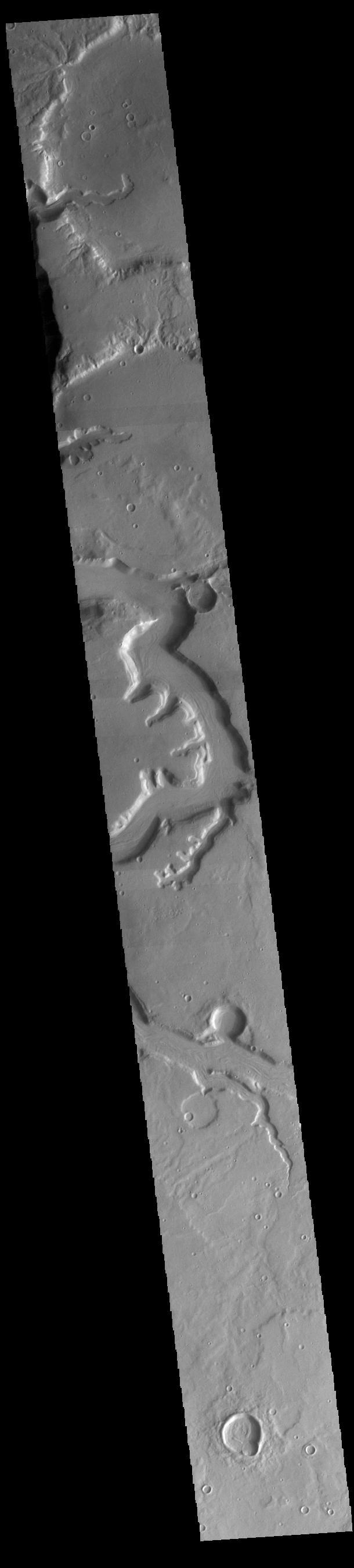 Today's VIS image shows a section of Mamers Valles. The channel is nearly 1000 km long (600 miles). Mamers Valles originates near Cerulli Crater in northern Arabia Terra, and after a short section near the crater where flow is to the south, flows northward to empty in Deuteronilus Mensae. The steep walls of Mamers Valles can reach heights of 1200 m (4000 feet).  Orbit Number: 81571 Latitude: 32.8216 Longitude: 17.9954 Instrument: VIS Captured: 2020-05-04 21:07  https://photojournal.jpl.nasa.gov/catalog/PIA24000