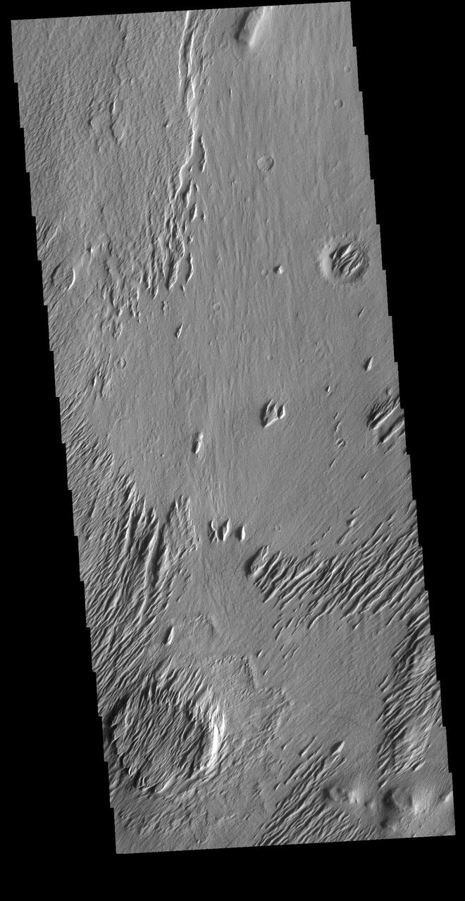 Today's VIS image is located on Lucus Planum. The surface in this image has been eroded by the wind to form features called yardangs. Yardangs form in a poorly cemented material where the wind cuts linear valleys, removing some of the material and leaving parallel ridges behind. The direction of the ridge/valley is aligned with the wind direction. The dominant wind direction in this region is along a northeast/southwest trend; however, other wind directions can occur within a localized region. There is a circular feature in the lower left side of the image. This is likely the remains of a crater. Meteor impacts melt the surface and subsurface, creating a harder material then the surrounding surfaces. The remnant of the crater are still visible due to being a more resistant material. Orbit Number: 81740 Latitude: -1.61604 Longitude: 187.227 Instrument: VIS Captured: 2020-05-18 18:55 https://photojournal.jpl.nasa.gov/catalog/PIA24008