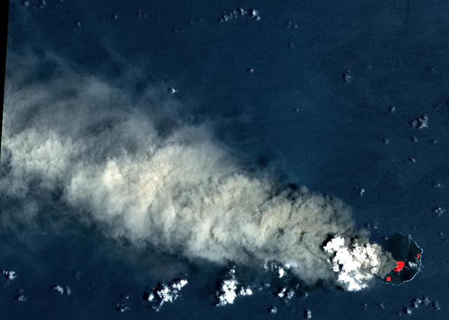 Nishinoshima is a small volcanic island located about 1000 km south of Tokyo, Japan. Eruptive activity began in December 2019, and has continued uninterrupted. ASTER captured this image of an ash and steam plume emanating from the central crater. Thermal infrared data is superposed in red on a visible-infrared color image to highlight the lava in the central crater and lava flows that have flowed down the volcano's flanks. The image was acquired July 28, 2020, covers an area of 15 by 21 km, and is located at 27.3 degrees north, 140.8 degrees east.  https://photojournal.jpl.nasa.gov/catalog/PIA24017