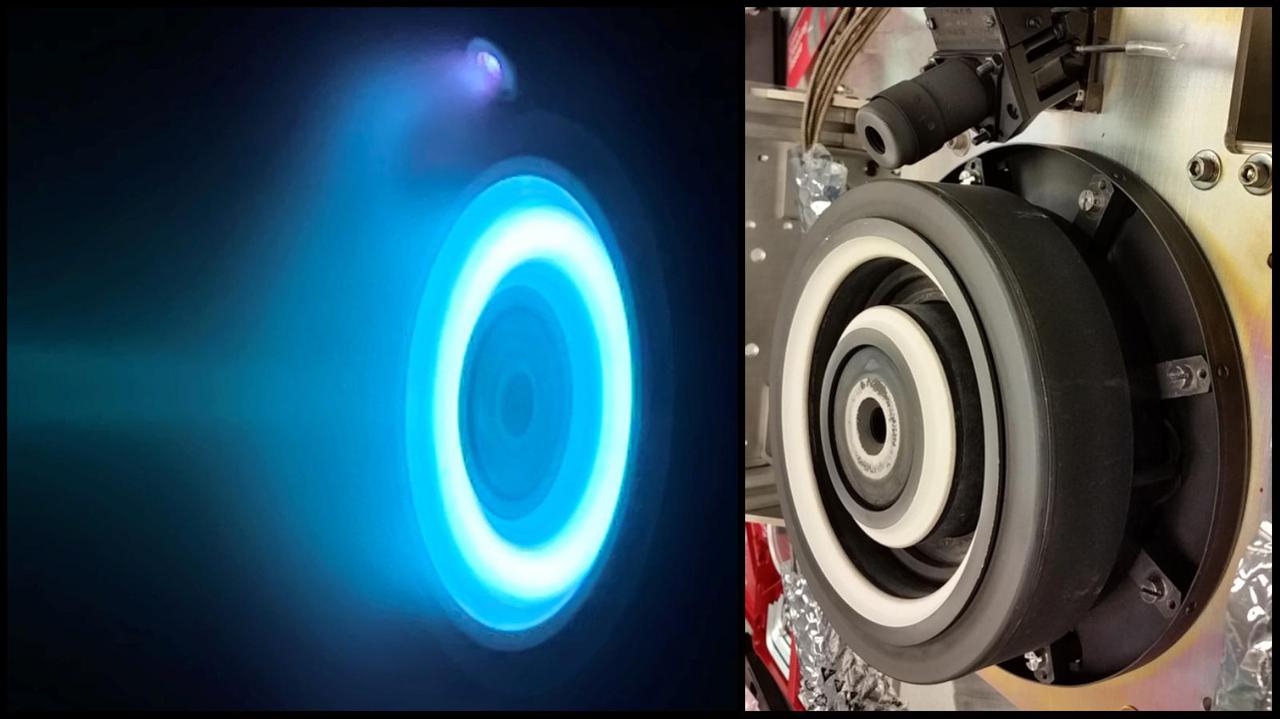 The photo on the left captures an operating electric Hall thruster identical to those that will propel NASA's Psyche spacecraft, which is set to launch in August 2022 and travel to the main asteroid belt between Mars and Jupiter. The xenon plasma emits a blue glow as the thruster operates. The photo on the right shows a similar non-operating Hall thruster. The photo on the left was taken at NASA's Jet Propulsion Laboratory in Southern California; the photo on the right was taken at NASA's Glenn Research Center.  Psyche's Hall thrusters will be the first to be used beyond lunar orbit, demonstrating that they could play a role in supporting future missions to deep space. The spacecraft is set to launch in August 2022 and will travel to its target, a metal-rich asteroid also named Psyche, under the power of solar electric propulsion. This super-efficient mode of propulsion uses solar arrays to capture sunlight that is converted into electricity to power the spacecraft's thrusters. The thrusters work by turning xenon gas, a neutral gas used in car headlights and plasma TVs, into xenon ions. As the xenon ions are accelerated out of the thruster, they create the thrust that will propel the spacecraft.  https://photojournal.jpl.nasa.gov/catalog/PIA24030