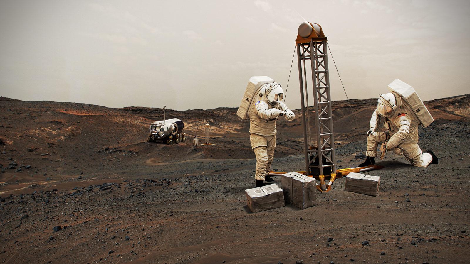 This illustration shows NASA astronauts on Mars.