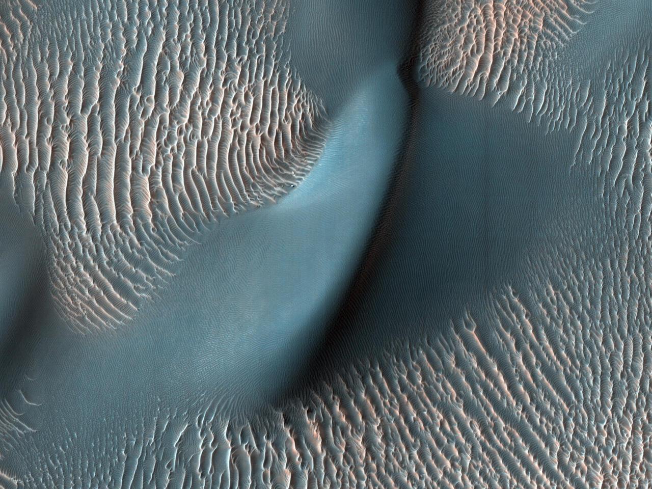 The High Resolution Imaging Science Experiment (HiRISE) camera aboard NASA's Mars Reconnaissance Orbiter captured these sand ripples and the large dune (at center) on Feb. 9, 2009. Color has been added to make textures easier to see. This area is in Proctor Crater at 47.8 degrees south latitude and 30.7 degrees east longitude. https://photojournal.jpl.nasa.gov/catalog/PIA24036