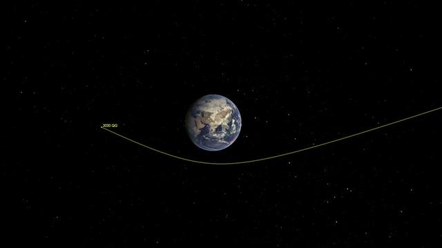 This illustration shows asteroid 2020 QG's trajectory bending during its close approach to Earth. The asteroid is the closest known non-impacting asteroid ever detected. The asteroid passed by 1,830 miles (2,945 kilometers) above the southern Indian Ocean on Sunday, Aug. 16 at 12:08 a.m. EDT (Saturday, Aug. 15 at 9:08 p.m. PDT). Movie available at https://photojournal.jpl.nasa.gov/catalog/PIA24037