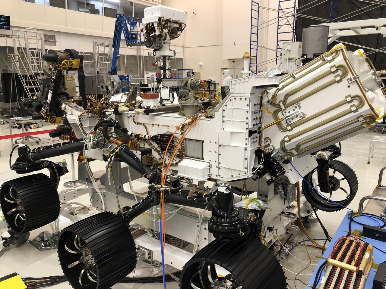 In this image taken on Nov. 16, 2019, the Perseverance rover is undergoing a 10-day test in the Spacecraft Assembly Facility's High Bay 1 at NASA's Jet Propulsion Laboratory in Southern California. During the test, all aspects of the upcoming mission were investigated (launch, cruise, landing and surface operations).  https://photojournal.jpl.nasa.gov/catalog/PIA24044