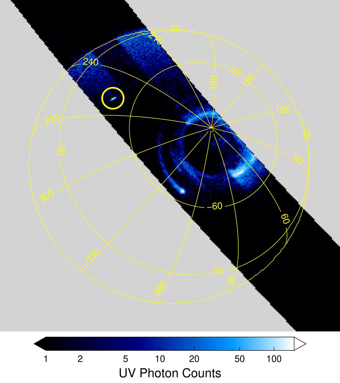 The south pole of Jupiter is seen in this annotated image of data from the ultraviolet spectrograph (UVS) instrument aboard NASA's Juno spacecraft. Bands of bright white and blue near the south pole are Jupiter's southern aurora. But researchers also noticed an unusual bright flash of light well away from the auroral region, highlighted here by the yellow circle at about the 10 o'clock position (between longitudinal lines 270 and 240). Juno scientists believe it could be an indication of a bright, unpredictable, and extremely brief flash of light — known as a transient luminous event — that was triggered by lightning discharges from thunderstorms far below. The data for this UVS image was acquired on April 10, 2020.  https://photojournal.jpl.nasa.gov/catalog/PIA24050