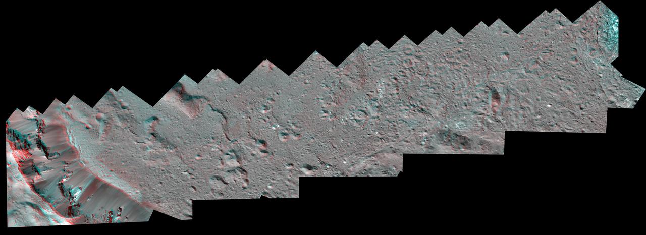 The Dawn spacecraft captured these stereo views of Occator Crater on the dwarf planet Ceres in 2018. More than 70 framing camera images were used to construct this anaglyph view (which requires red-blue stereo glasses for viewing) of the southeastern floor of the crater, including the rim at far left in this view. This area is largely covered with impact melt and features a variety of pits and low mounds, some of which are related to impact debris but others to subsurface brine seepage and deposition. The spatial resolution of the stereo images is about 11 feet (3.5 meters) per pixel. Occator Crater, named after the Roman god of the agricultural practice of harrowing, is about 57 miles (92 kilometers) in diameter.  The conclusion of Dawn's mission operations was Oct. 31, 2018, when the spacecraft depleted its hydrazine used for attitude control.  This image was produced by Dr. Paul Schenk at the Lunar and Planetary Institute in Houston.  https://photojournal.jpl.nasa.gov/catalog/PIA24061