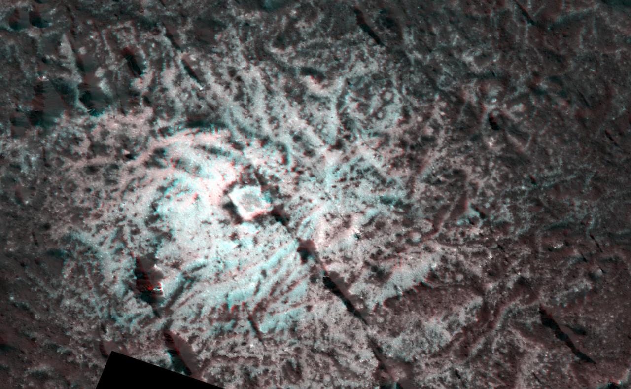 The Dawn spacecraft captured these stereo images of Occator Crater on the dwarf planet Ceres in 2018. Framing camera images were used to construct this anaglyph view (which requires red-blue stereo glasses for viewing) of part of the southeastern floor of the crater. This area is approximately 3 miles (5 kilometers) wide and is entirely within the large impact melt deposit formed there during the impact process. The low bright mounds and pits were probably formed by brine that moved to the surface to form surface vents and surface domes during freezing. The spatial resolution of the stereo images is about 11 feet (3.5 meters) per pixel. Occator crater, named after the Roman god of the agricultural practice of harrowing, is about 57 miles (92 kilometers) in diameter.  The conclusion of Dawn's mission operations was Oct. 31, 2018, when the spacecraft depleted its hydrazine used for attitude control.  This image was produced by Dr. Paul Schenk at the Lunar and Planetary Institute in Houston.  https://photojournal.jpl.nasa.gov/catalog/PIA24062
