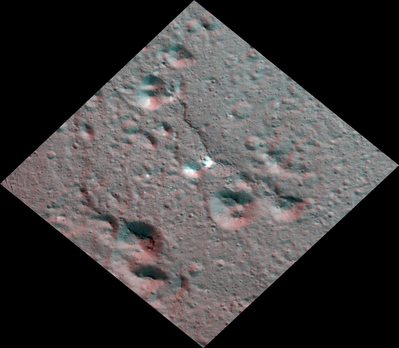 The Dawn spacecraft captured these stereo images of Occator Crater on the dwarf planet Ceres in 2018. This view is part of a mosaic of about 50 framing camera images used to construct this anaglyph view (which requires red-blue stereo glasses for viewing) of part of the eastern floor of the crater. This area is approximately 5 miles (8.5 kilometers) wide and features bright carbonate deposits of the Vinalia Faculae formation on top of the ropey textured lobate floor impact melt deposit. Stereo views of Vinalia Faculae illustrate the complex relationship between the thin carbonates and the underlying impact deposits. The spatial resolution of the stereo images is about 11 feet (3.5 meters) per pixel. Occator crater, named after the Roman god of the agricultural practice of harrowing, is about 57 miles (92 kilometers) in diameter.  The conclusion of Dawn's mission operations was Oct. 31, 2018, when the spacecraft depleted its hydrazine used for attitude control.  This image was produced by Dr. Paul Schenk at the Lunar and Planetary Institute in Houston.  https://photojournal.jpl.nasa.gov/catalog/PIA24063